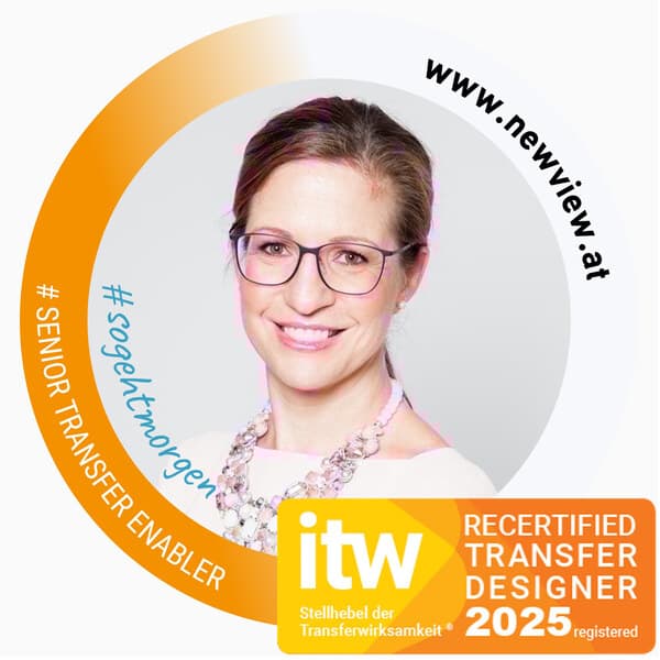 Seal of the Institute for Transfer Effectiveness: Eva-Maria Kraus, Senior Transfer Enabler, Recertified Transfer Designer 2025